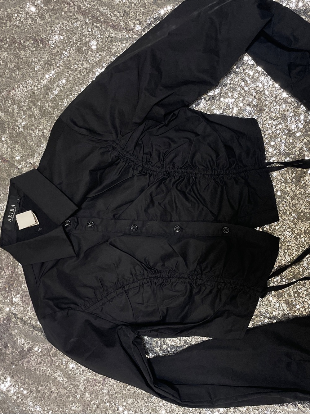 Akira Black Cinched-Waist Button Blouse